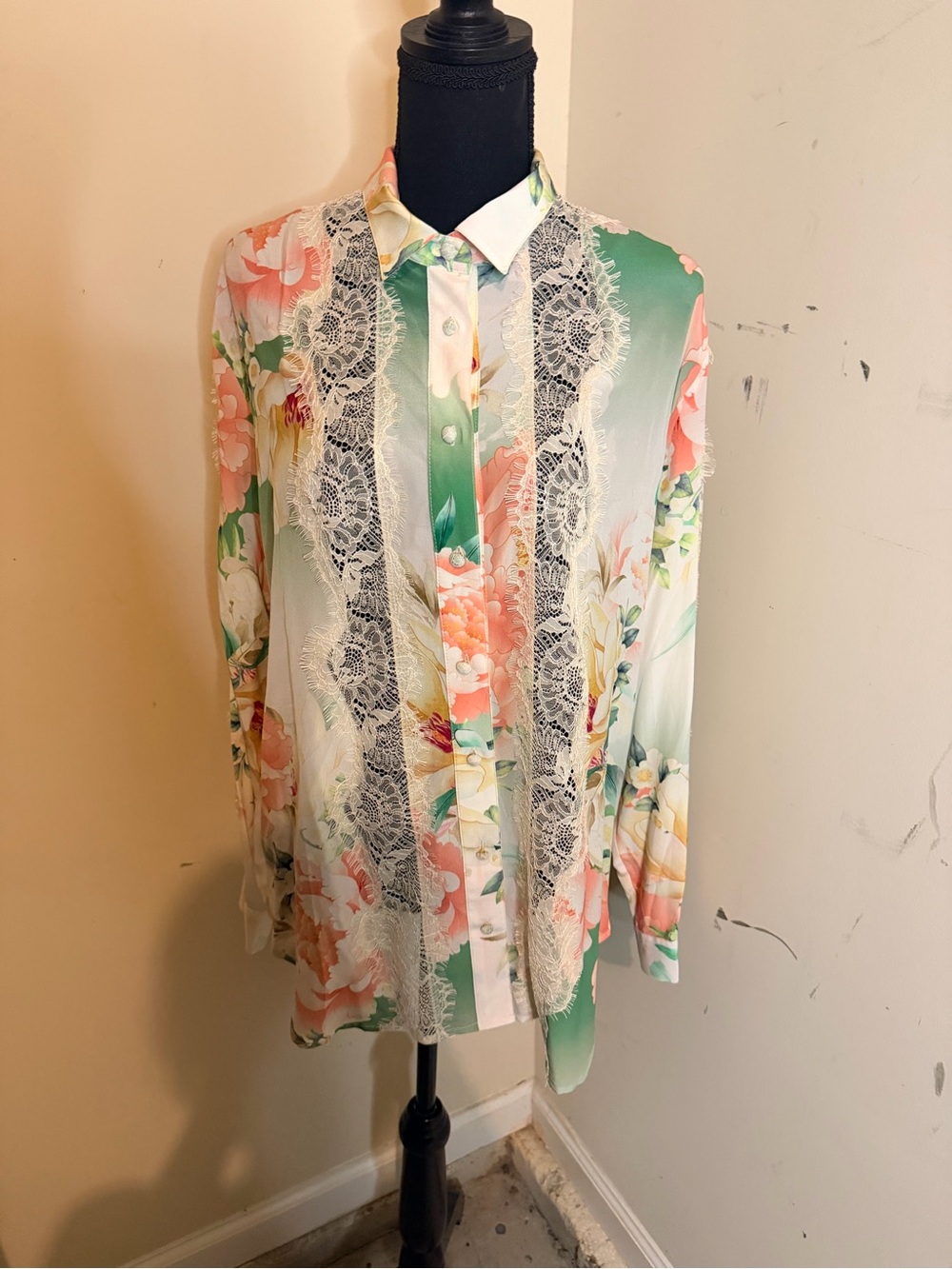 Johnny Was Pastel Floral Lace-Trim Button-Down Shirt - Green & Coral